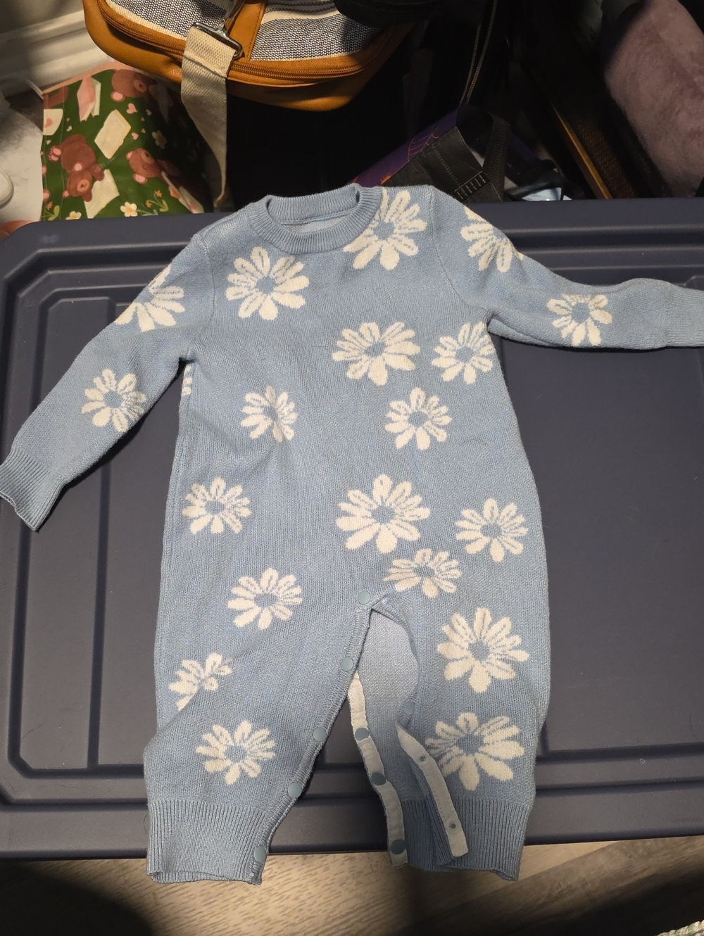 SHEIN Light Blue Knit Floral Baby One-Piece Romper